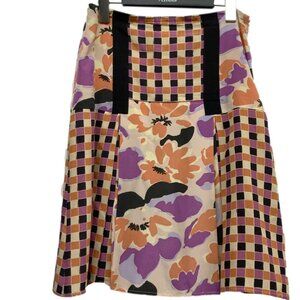 Etro A-Line Italian Silk Skirt Floral & Checked Design Vintage Italian 42 US 6